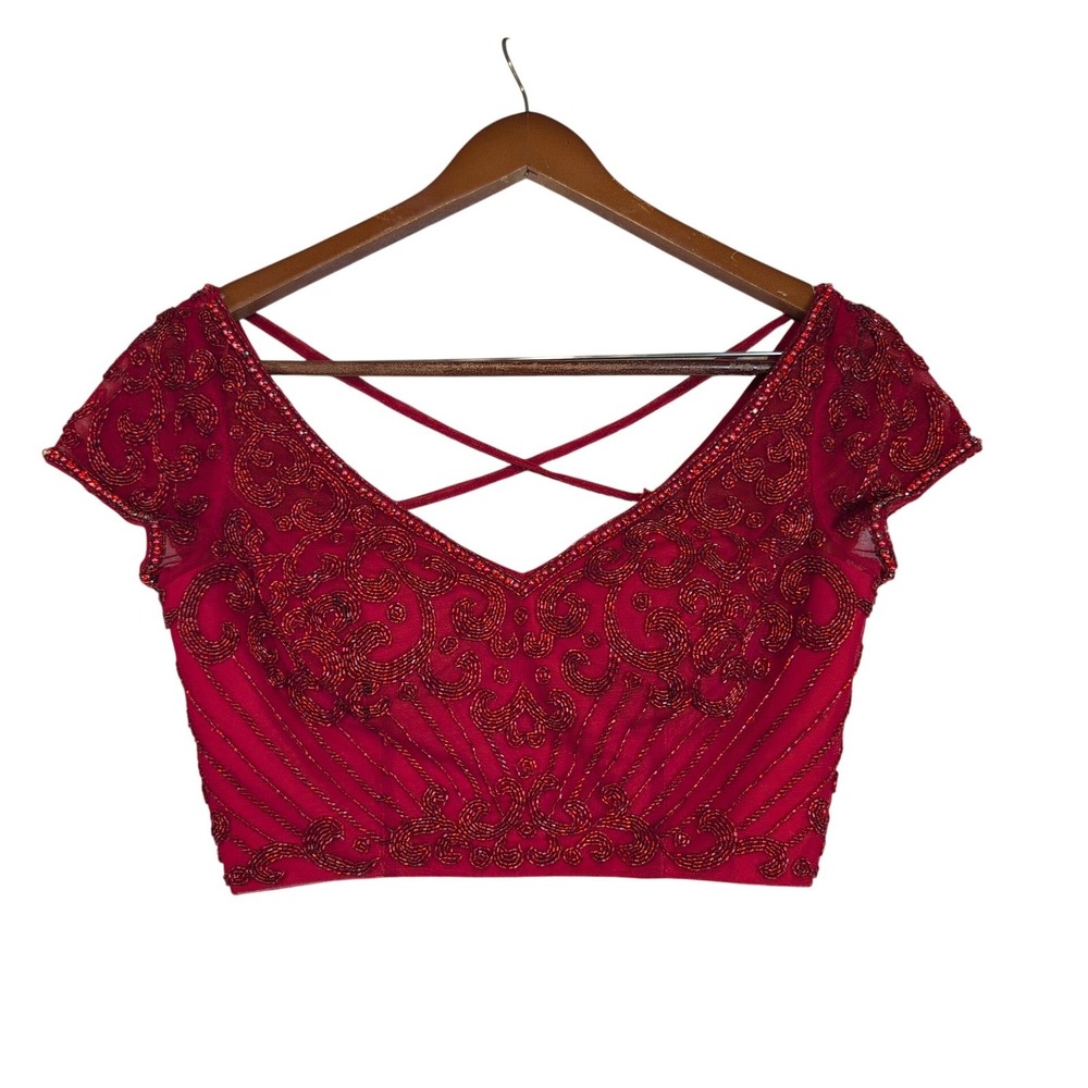Sherri Hill Ruby Red Beaded Crop Top Cap Sleeve Formal Blouse Size 2 Prom Dance